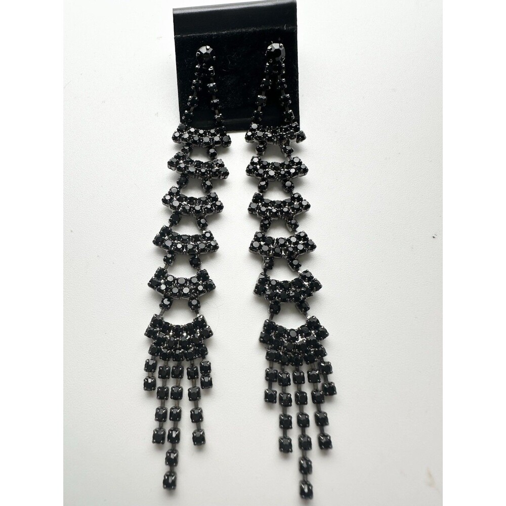 Women’s Black Rhinestone Dangle Tassel Earrings Pierced